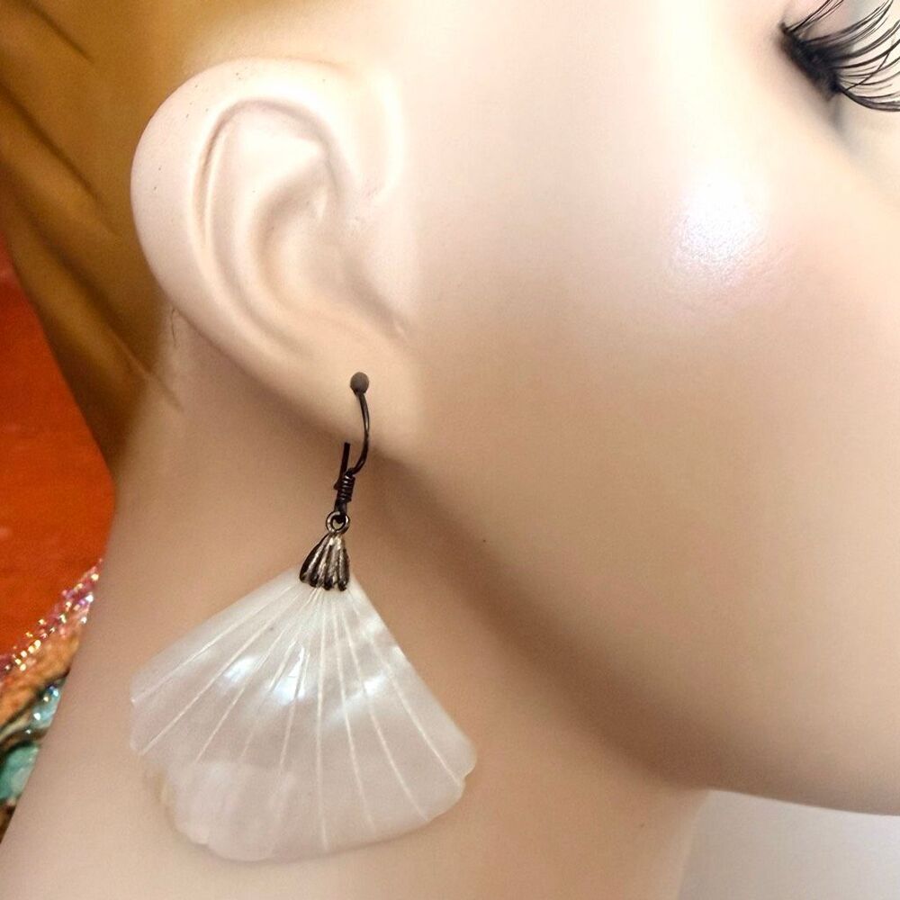 Vintage Sterling Silver Carved Mother of Pearl Shell Fan Dangle Earrings